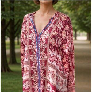 Johnny Was Small Embroidered Tunic Top Blouse Shirt V Neck Lightweight Fuchsia